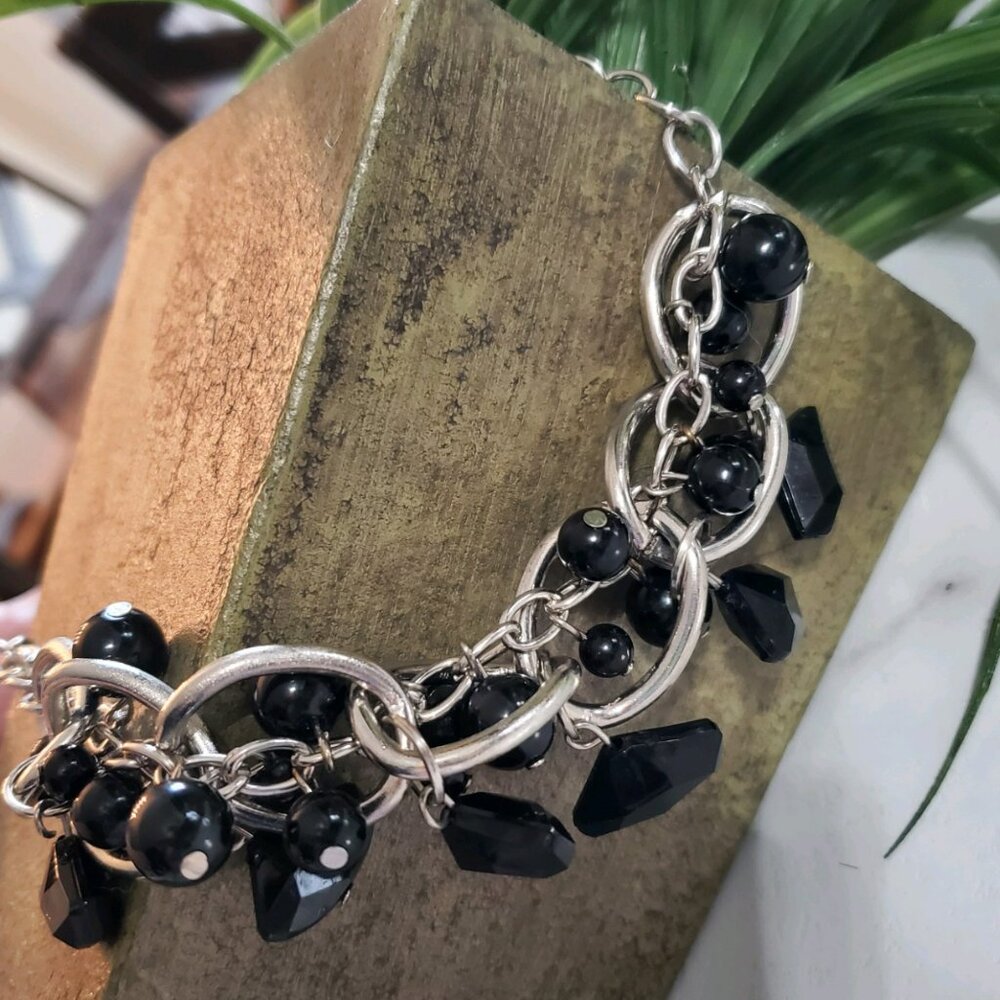Silver Tone Chucky Chain Black Beads Jewels Necklace & Earring Set NEW
